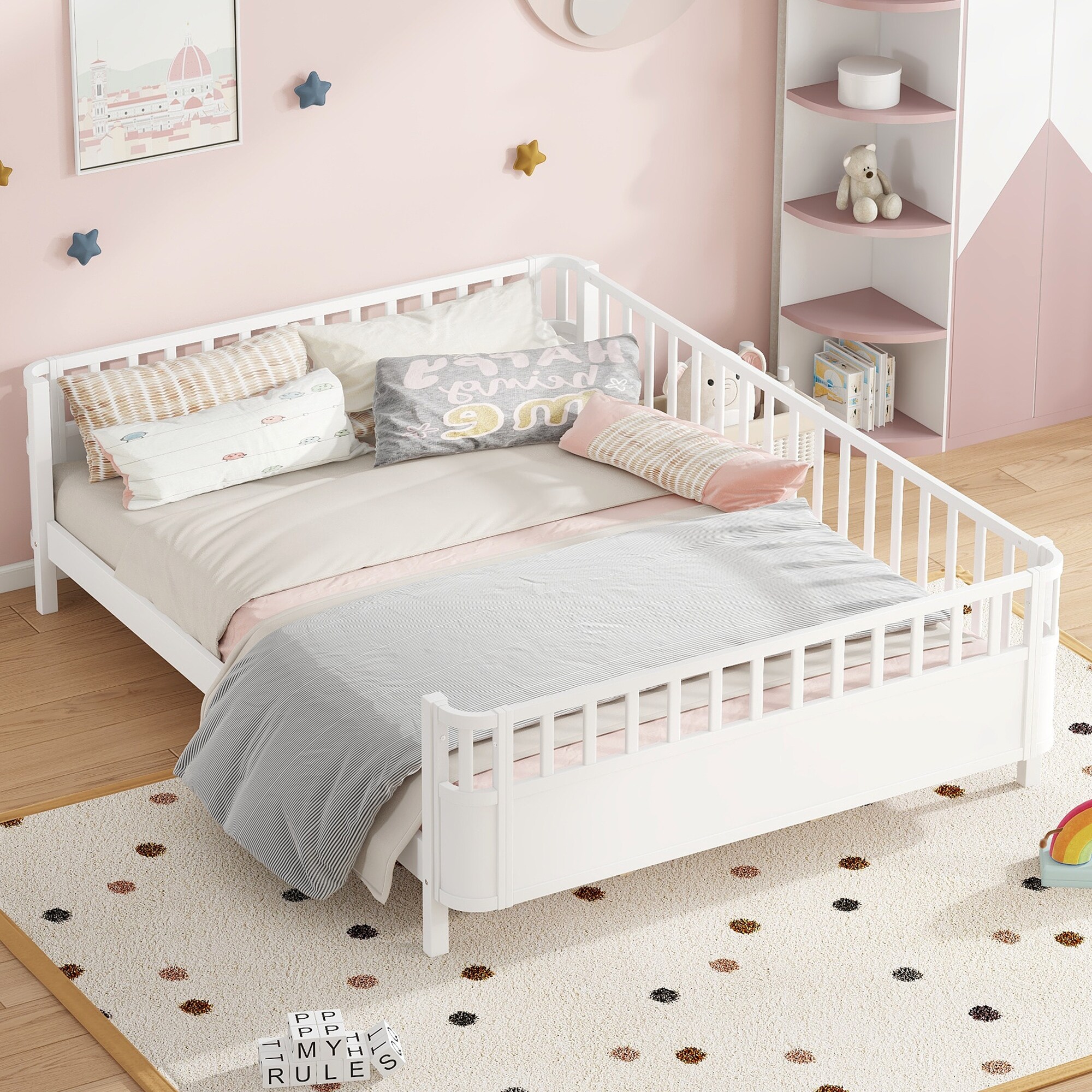 Multi Size Low Platform Bed for Kids with Rounded Corners Guardrails, Detachable Right-side Fence and Open Left-side Design