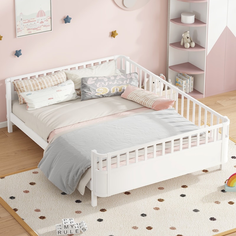 Multi Size Low Platform Bed for Kids with Rounded Corners Guardrails, Detachable Right-side Fence and Open Left-side Design - White - Queen