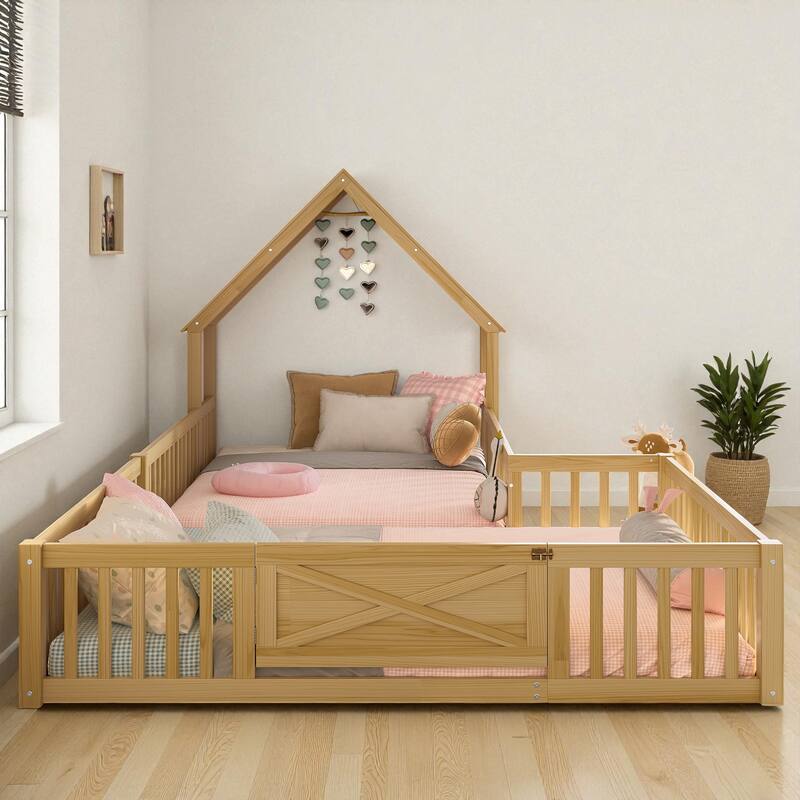 Twin/Full Size House Floor Bed with Door and Guardrails, Double Twin/Full Solid Wood Montessori Bed for Kids
