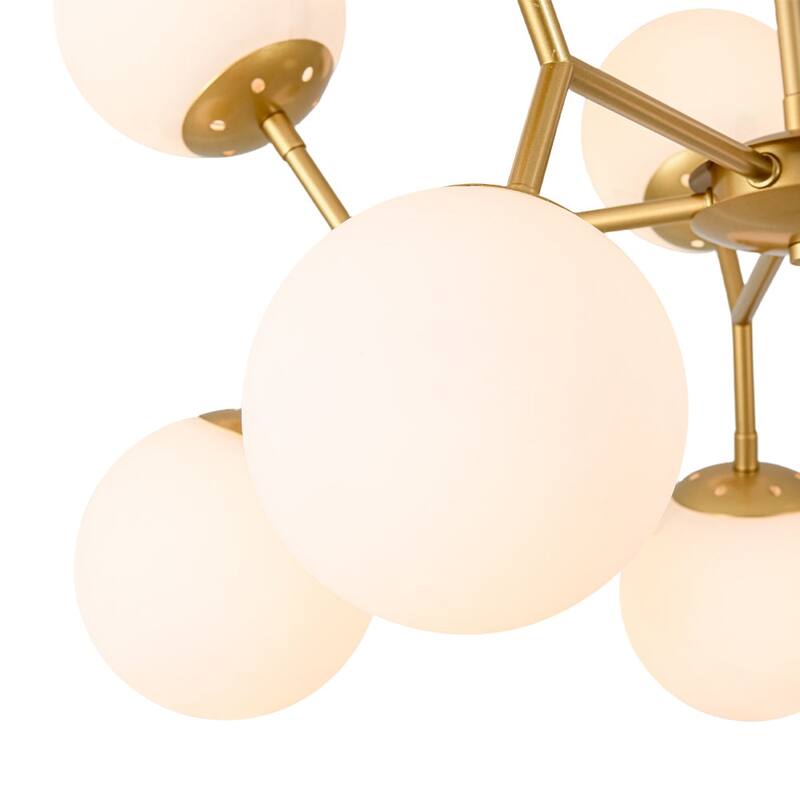 Mid-Century 10-Light Milky Glass Globe Round Branched Chandelier