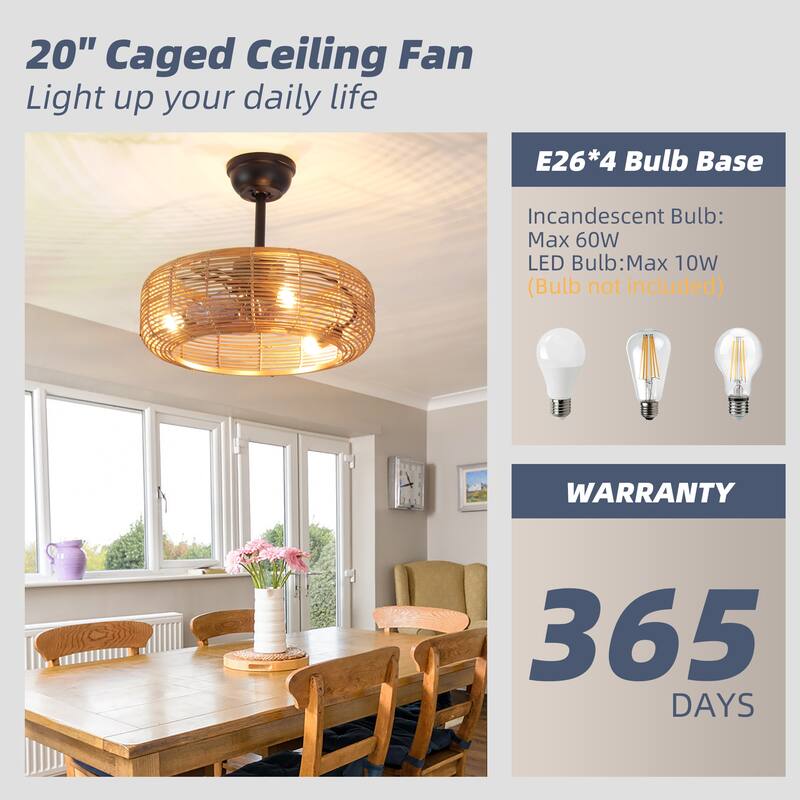 20 in. Rattan Indoor Ceiling Fan with Lights, 6-Speed Remote Control and Reversible DC Motor for Small Bedroom