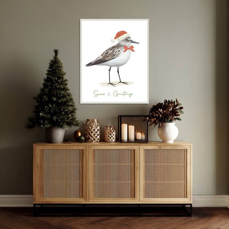 Christmas Sandpiper I by Lucca Sheppard Framed Canvas Wall Art Print - Sylvie Beaded White