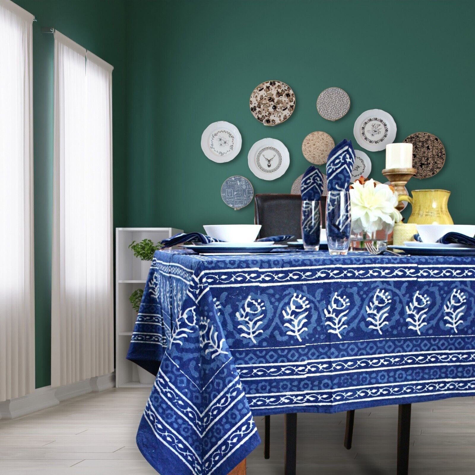 Regal Block Print Cotton Dabu Floral Tablecloth Collection