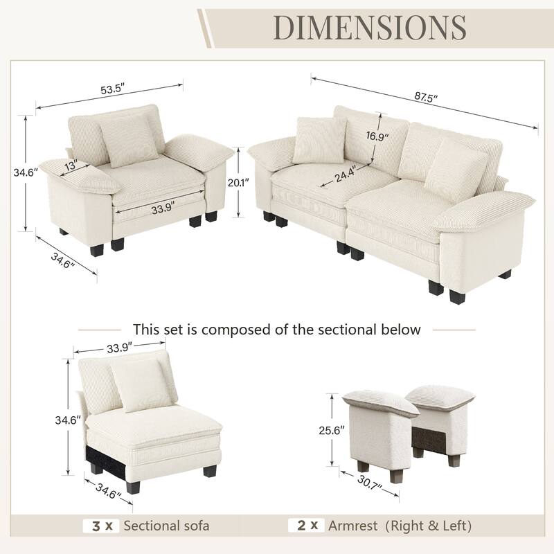 MAISON ARTS 2-Piece Living Room Sofa Set, Comfy 3/4/5-Seater Modular Loveseat & Armchair with Throw Pillows