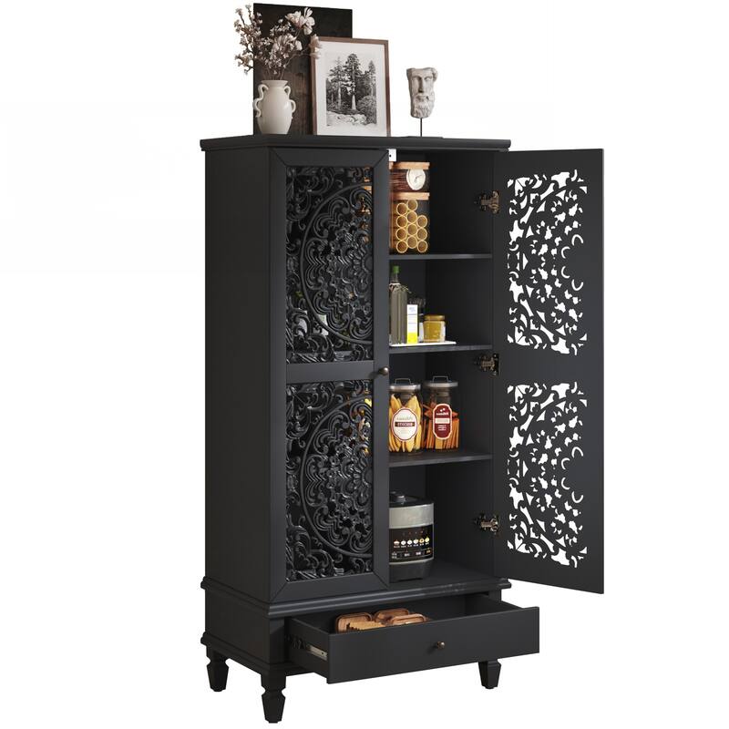 Tall Storage Cabinet with Drawer, Decorative 2-Door Carved Wood Accent Cabinet