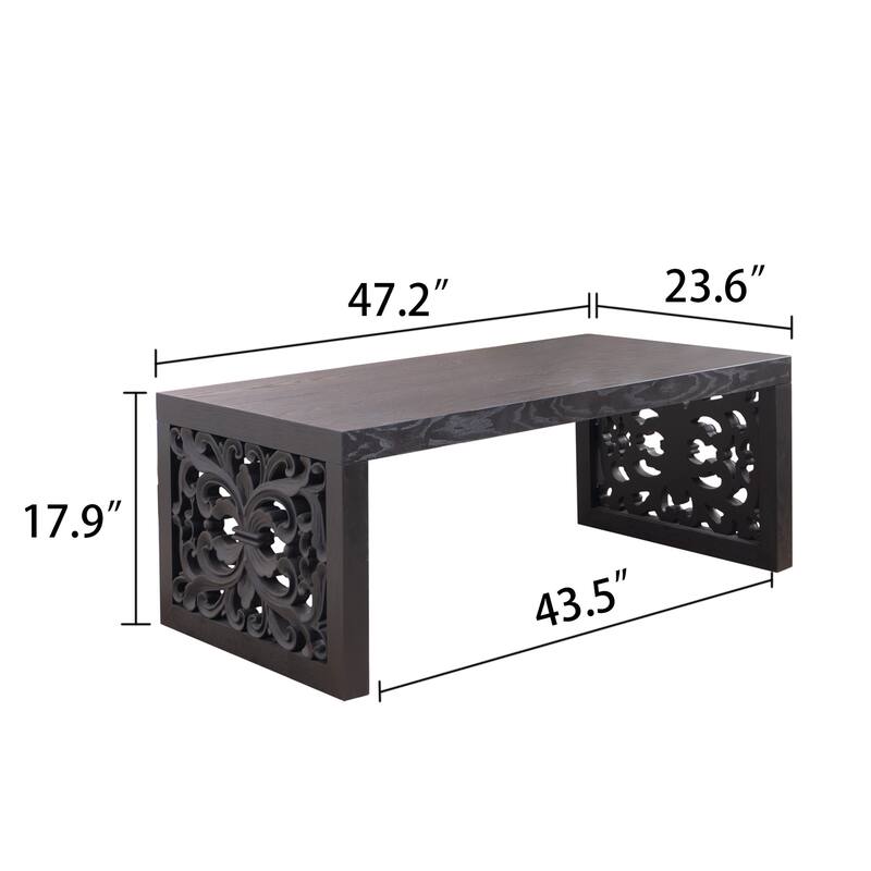 47.2" Carved Wood Coffee Table - Handcrafted Look with Ornate Side Panels