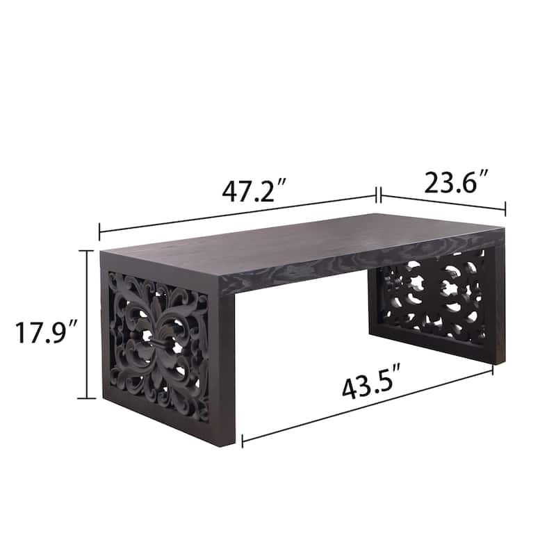 47.2" Solid Black Carved Wood Coffee Table