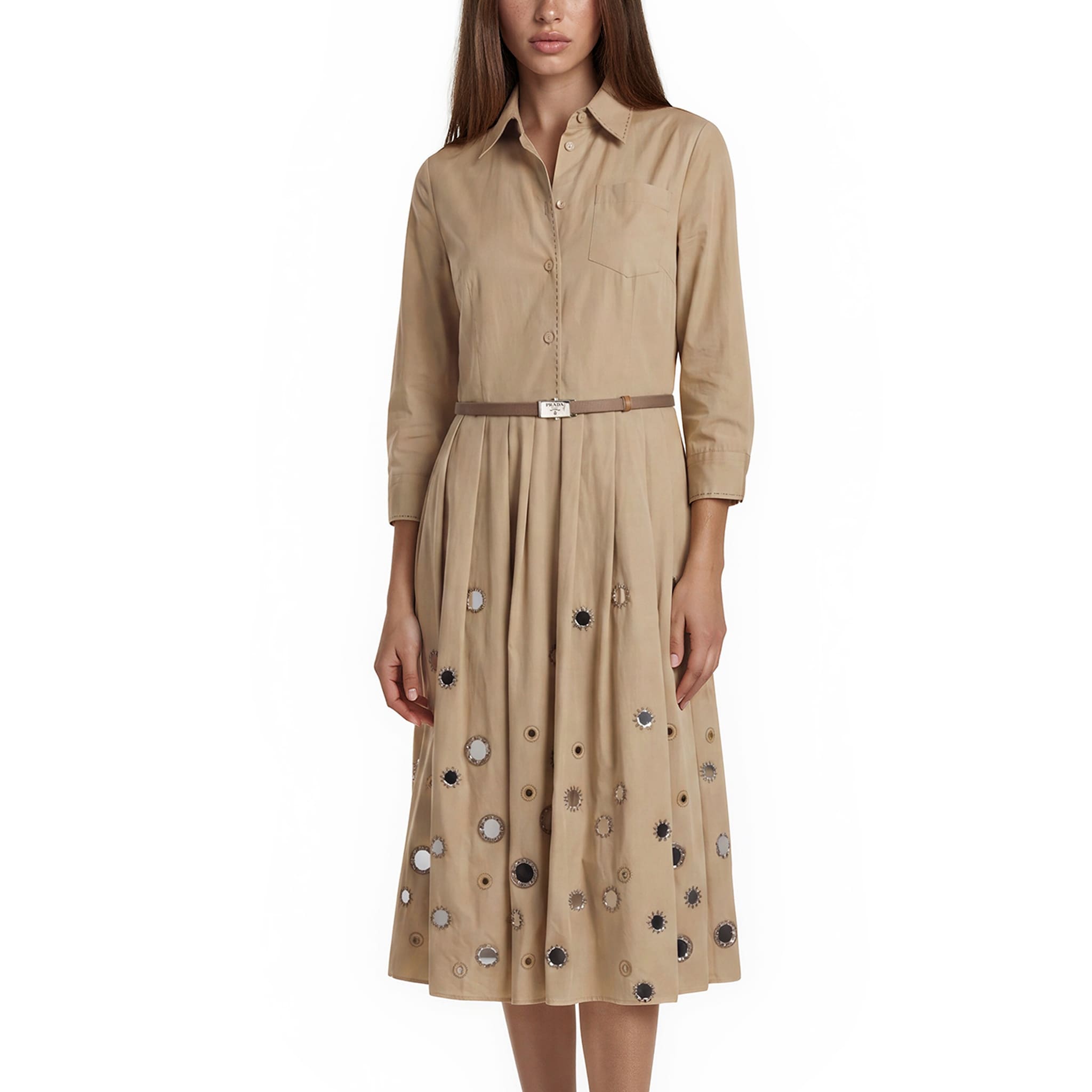 Prada Mirror Embellished Belted Midi Dress
