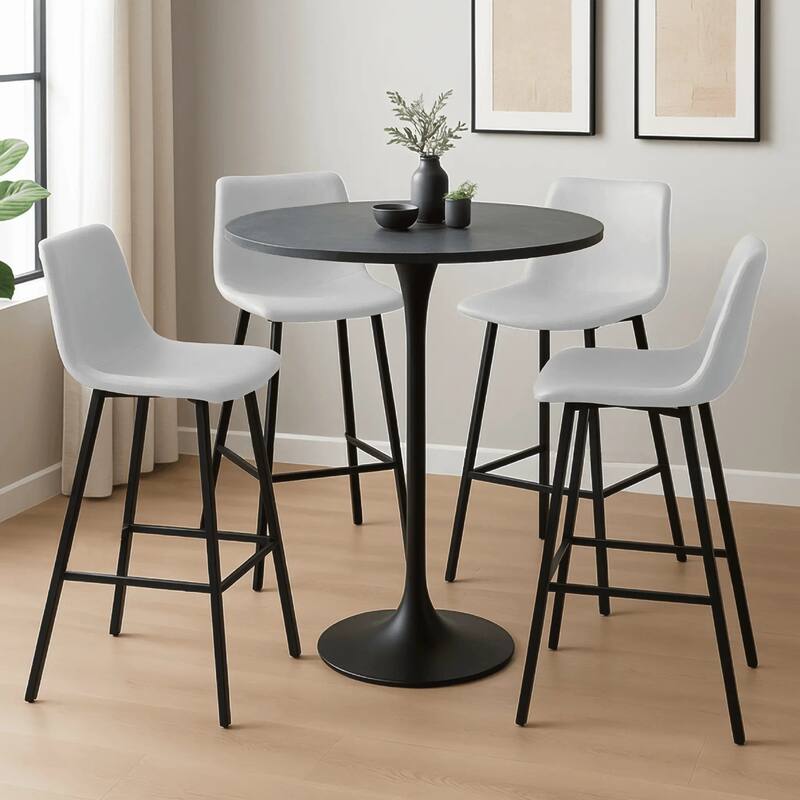 Elland 5-Piece Bar-Height Dining Set with Round MDF Bar Table and Upholstered Leather Bar Stools