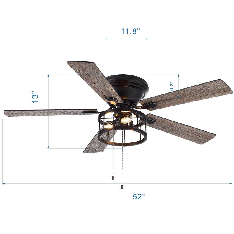 52" 5 Blades Black Ceiling Fan with Light and Pull Chain - 52 Inch