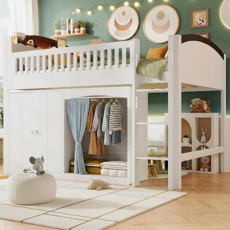 Loft Bed with LED Headboard, Double-Door Cabinet & Integrated Wardrobe by Harper&Bright Designs - White - Full
