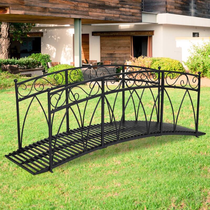 8 Ft Metal Garden Bridge with 2 Safety Patterned Siderails Outdoor