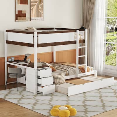 Full-Over-Full Bunk Bed w/ Storage & Desk Multifunctional Triple Bunk