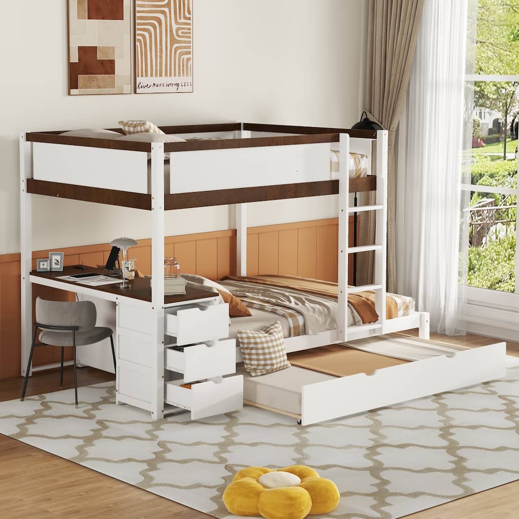 Full-Over-Full Bunk Bed with Twin size Trundle, Storage and Desk