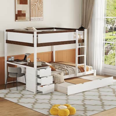 White+Walnut Bunk Bed with Twin Trundle, Desk, 3 Drawers, USB Outlets and Safety Guardrails