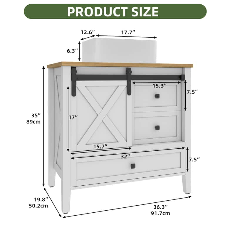 36" Farmhouse Bathroom Vanity Cabinet with Ceramic Sink Set