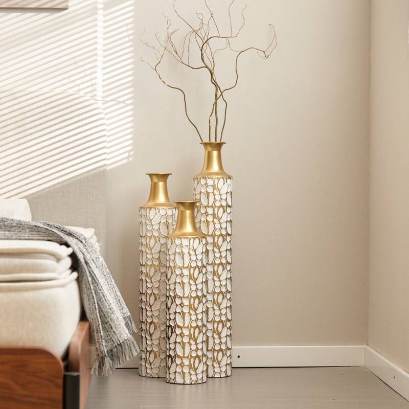 Set of 3 White & Gold Leaf Metal Floor Vases - Graduated Heights for Modern Home Decor