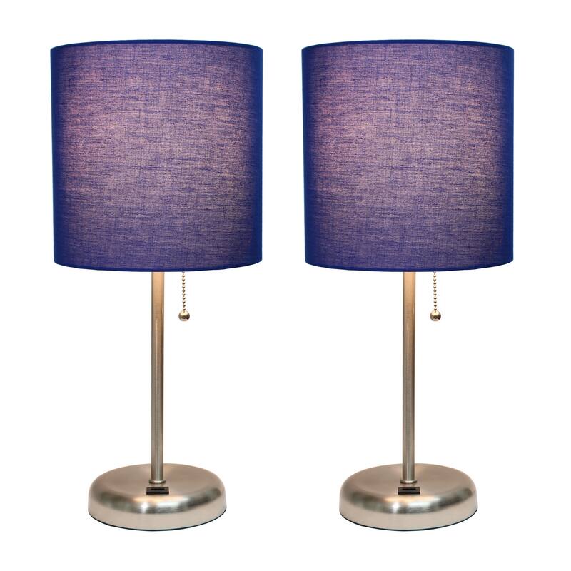 19.5 in. Brushed Steel Finish Table Lamp with Blue Shade, Durable Stick Lamp for End/Side Tables, Set of 2