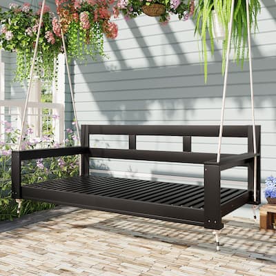 Patio Wooden Twin Size Porch Swing Daybed Frame, Garden Swing Bench Chair with 4 Hanging Ropes for Backyard,Outdoor