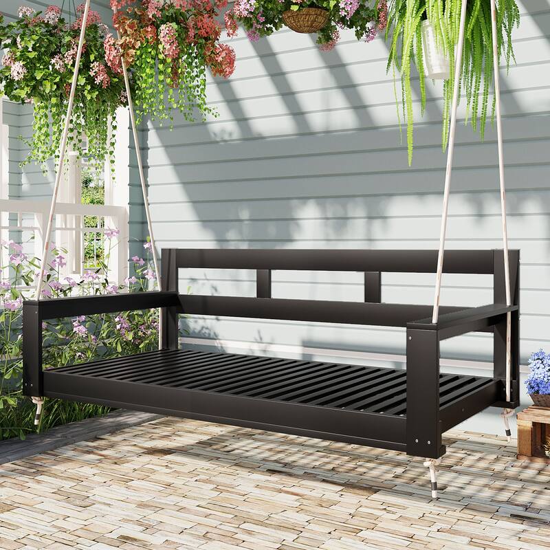 Twin Size Wooden Porch Swing Daybed - Outdoor Hanging Rope Swing with 600lb Weight Capacity for Patio, Garden, Backyard - Black
