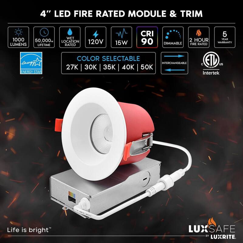 Luxrite 6-Pack 4 in. LED Recessed Light J-Box 5CCT 15W 1000LM 38° IC Rated ETL Listed - Smooth Trim