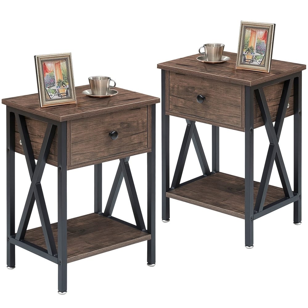 VECELO Set of 2 Mid Century Nightstand with Storage Drawer Open Shelves End Table Sofa Side Table for Bedroom Living Room