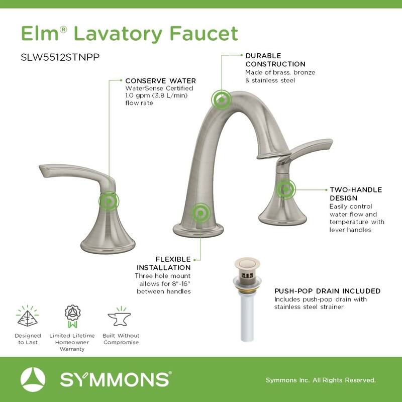 Symmons SLW5512PP Elm 1.0 GPM Widespread Bathroom Faucet with Push Pop