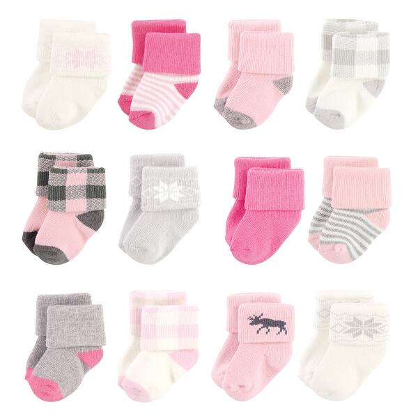 slide 1 of 1, Hudson Baby Infant Girl Cotton Rich Newborn and Terry Socks, Pink Moose Pink Moose - 0-6 Months