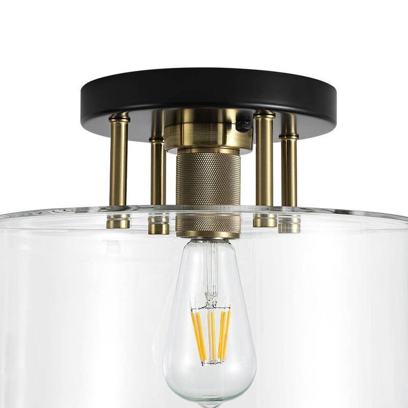 Farmhouse Black Brass 1-Light Glass Drum Semi Flush Ceiling Fixture - 11.8 Inches