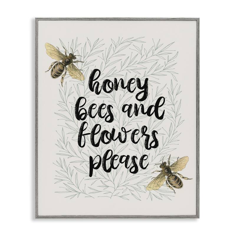 Stupell Honey Bees & Flowers Please Framed Giclee Art Design By Lil' Rue - 16 x 20 - Grey