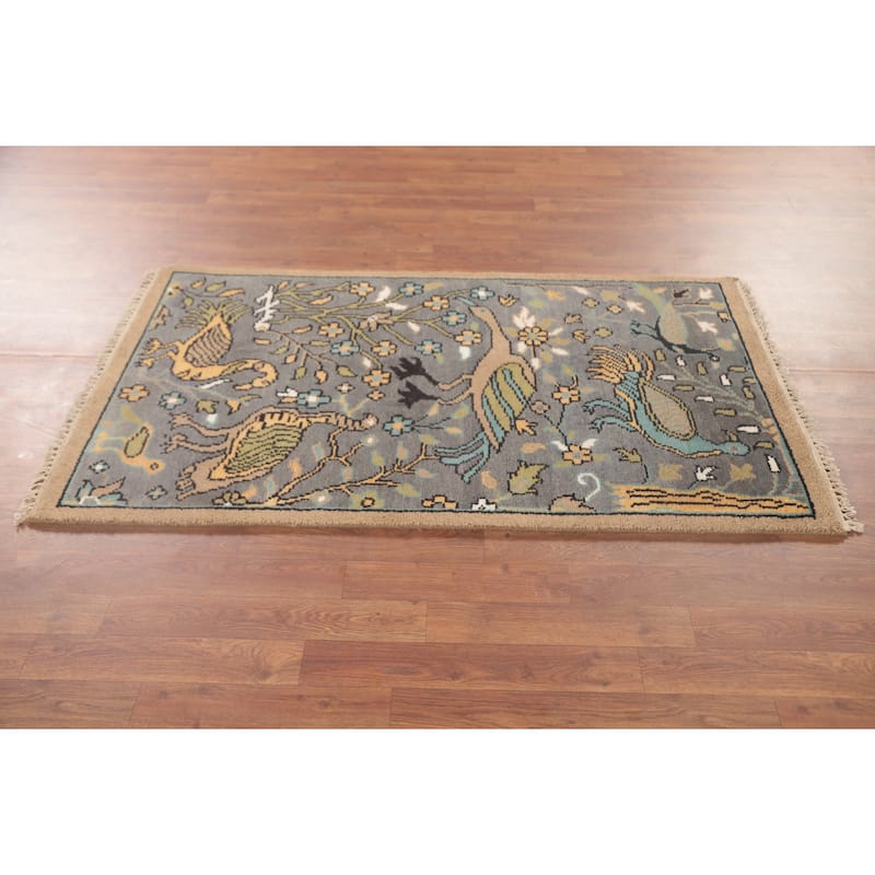 Animal Pictorial Ziegler Accent Rug Hand-Knotted Floral Wool Carpet - 2'11"x 5'0"