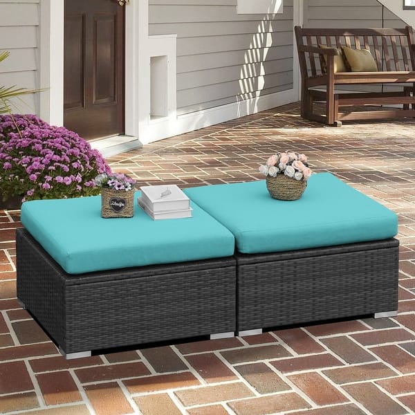 slide 2 of 24, FINCATI Outdoor Wicker Ottoman (Set of 2) with Cushions Boho Patio Metal Frame Footrest for Porch, Balconies