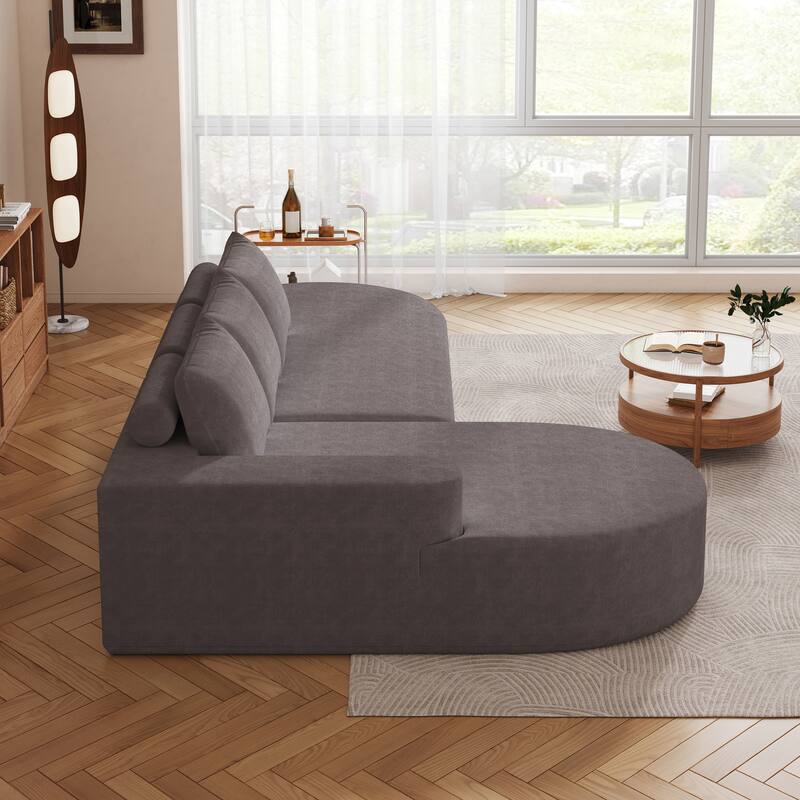 L Shaped Modular Curved Sectional Sofa, Chenille Upholstered 3 Seat Sofa, Corner Sofa with 3 Pillows for Living Room, Bedroom