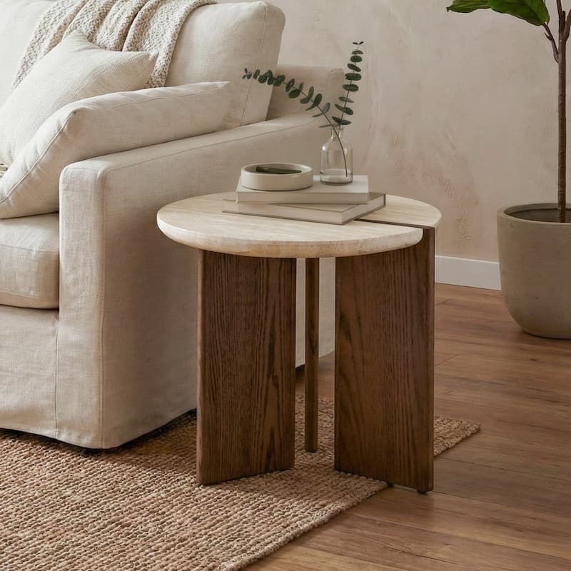 Furniture of America Elrik Modern Genuine Travertine Top Round End Table - Brown