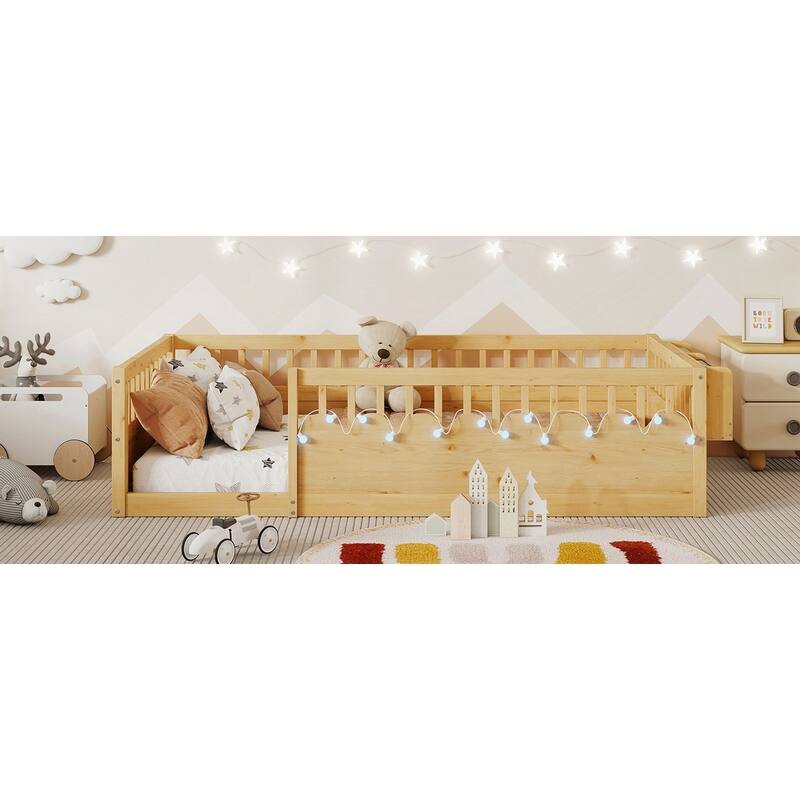 Montessori Floor Bed Frame with with Light and Storage Shelf