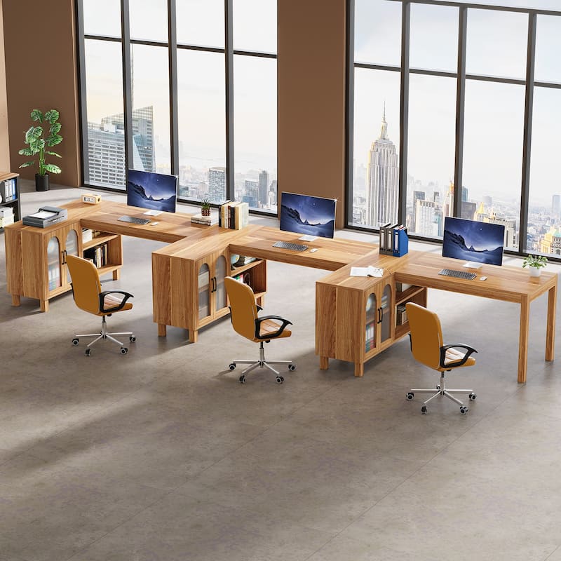 59 Inch L-Shaped Desk with File Cabinet and Storage Shelves, Corner Desk for Home Office