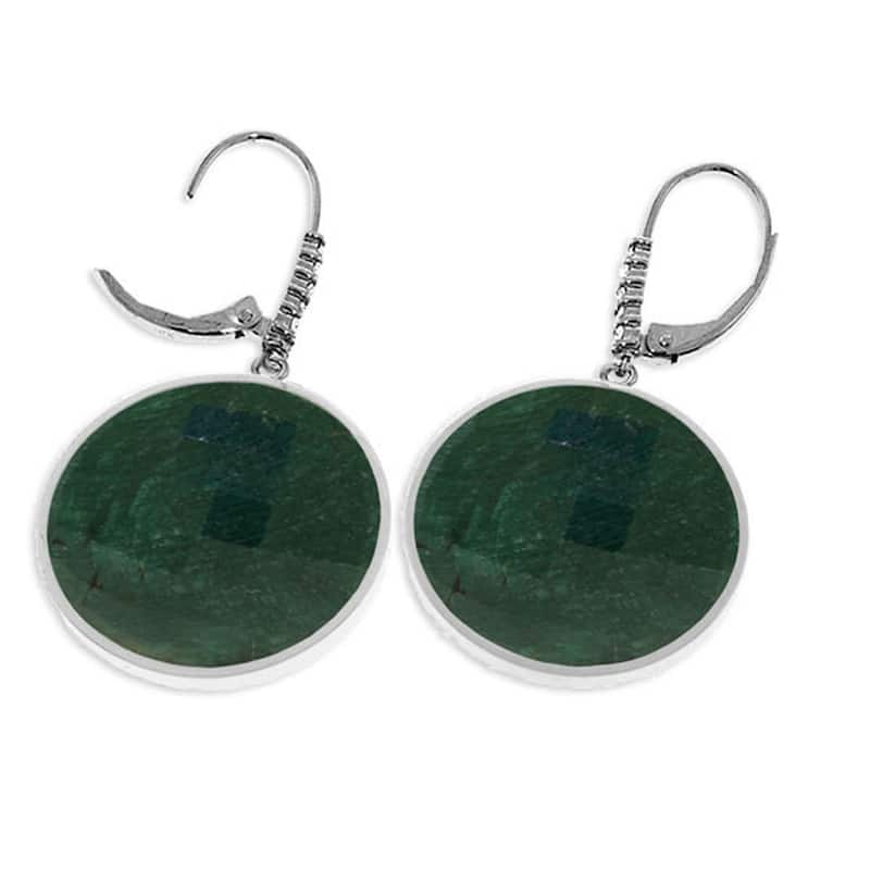 14K Solid Gold Diamonds Leverback Earrings w/ Emerald Color Corundum