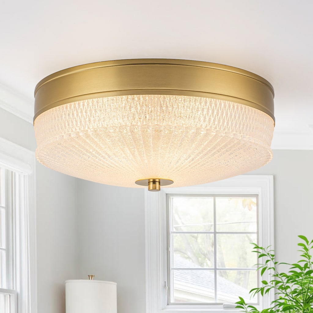 3-Light Modern Flush Mount Ceiling Light Ribbed Drum Glass Shade - Dia.12.2-in