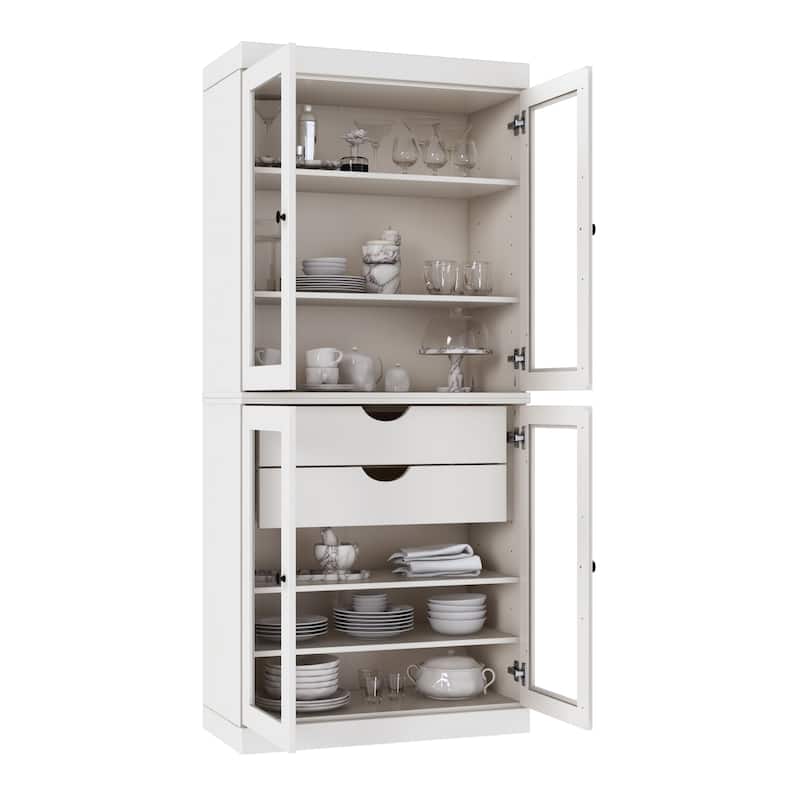 Palace Imports 100% Solid Wood Pantry Cabinet with Frosted, Clear Glass or Solid Doors, 2-Drawers and Adjustable Shelves
