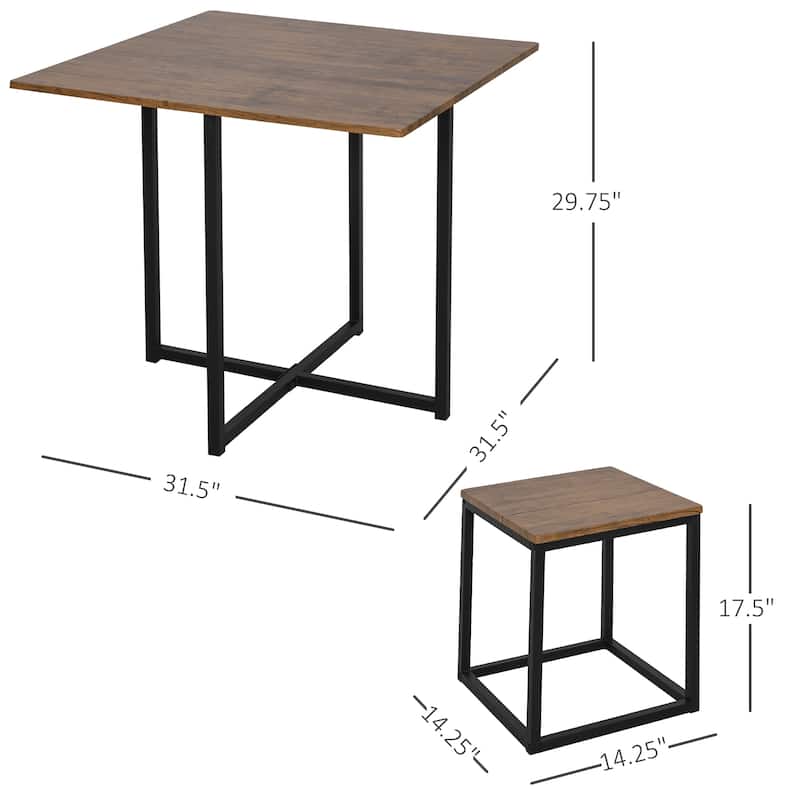 HOMCOM 5 Piece Dining Room Table Chair Set Square Board Steel Space Saving with Stools, Walnut Wood Color