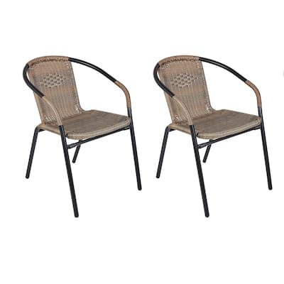 BTEXPERT Indoor Outdoor 2 - Set of Two Brown Restaurant Rattan Stack Chairs