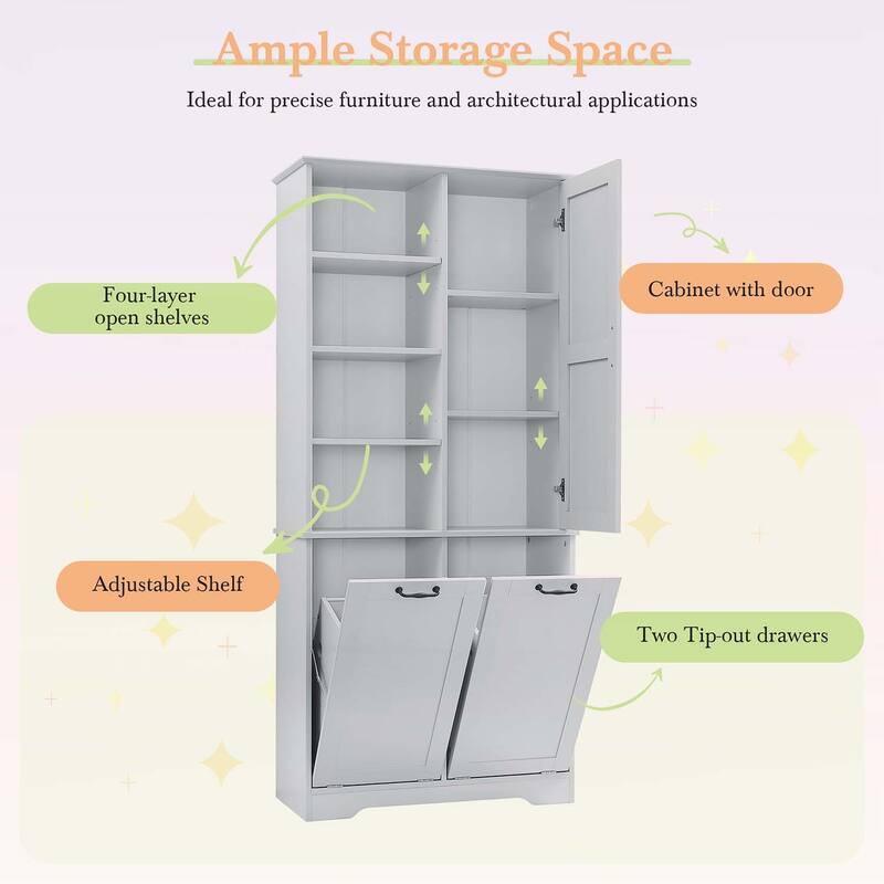 Bathroom Storage Cabinet with Doors, Drawers, Tilt-Out Laundry Hamper, and Adjustable Shelves, Oak Finish