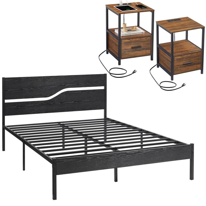 3-pieces Bedroom Set Platform Bed Frame Set of 2 Nightstands with Charging Station USB Port