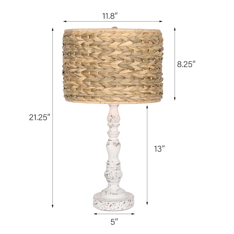1-Light White Candlestick Table Lamp Rattan Drum Shade