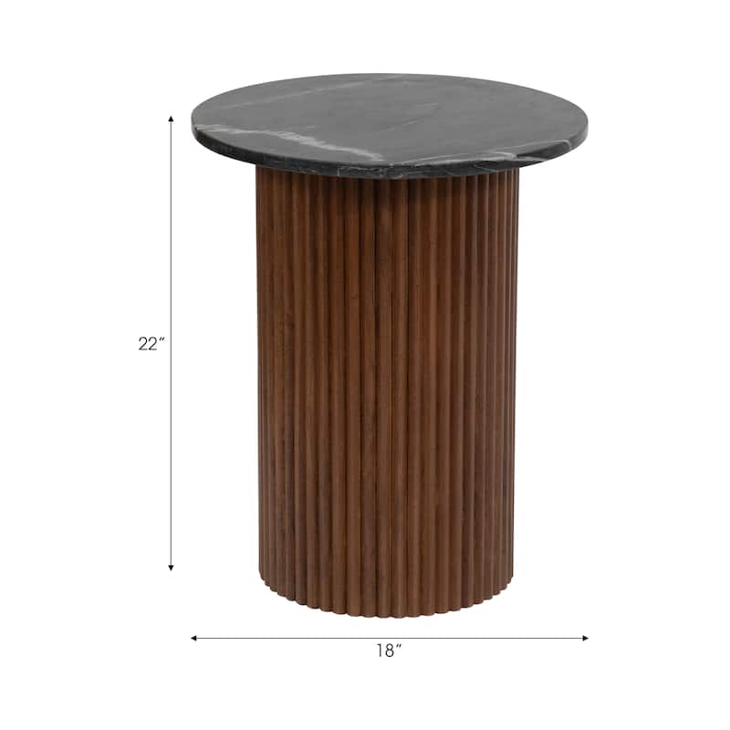 Sagebrook Home Mango Wood & Marble Accent Table with Reeded Base, MDF Support, and Contemporary Cylinder Design