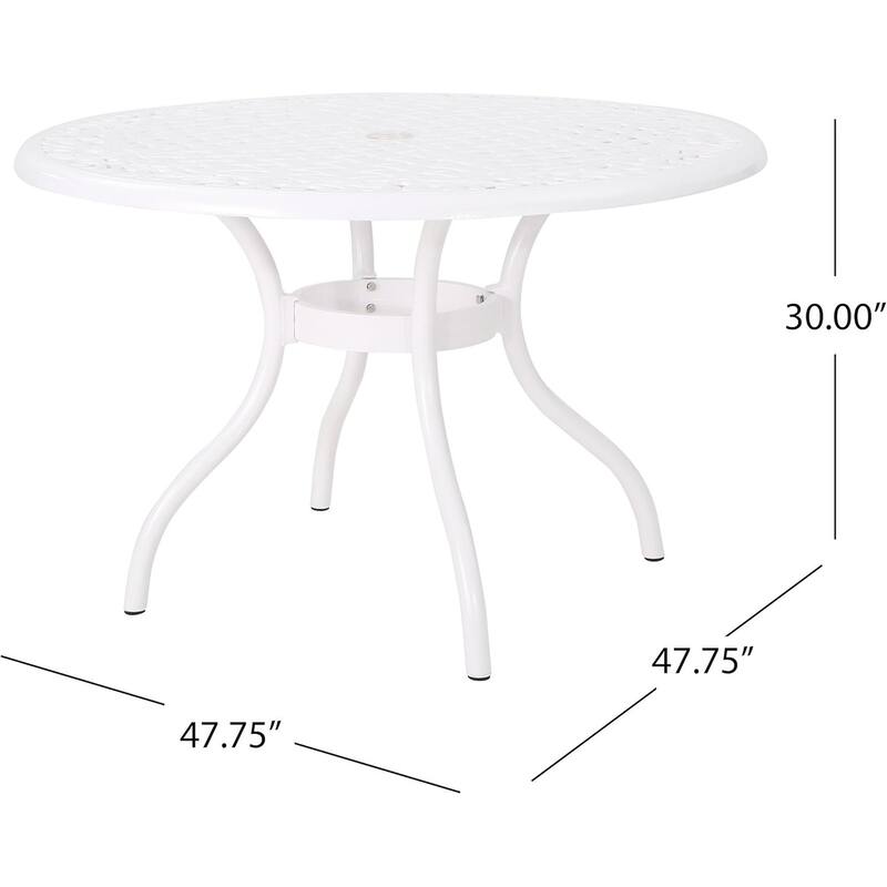 Dieter 4-Person White Aluminum Patio Set - Round Dining Table with Lattice Scrollwork