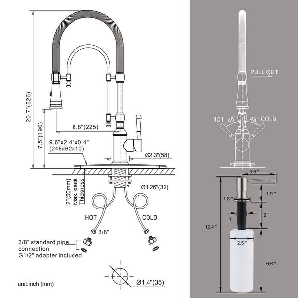 dimension image slide 10 of 12, WOWOW Single Handle Gooseneck Pull Down Sprayer Kitchen Faucet