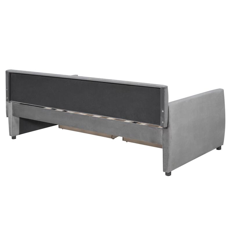 Velvet Upholstered Bed, Twin Size Daybed with 2 Built-in Drawers, 2 Armrests, Backrest and Wood Slat Support