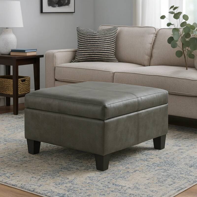 Leo Square Storage Ottoman with Plush Gray Faux Leather, 28 Inch