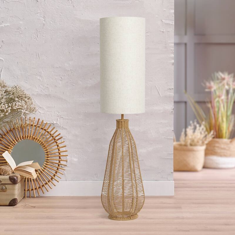 46.75" Tall Linen Floor Lamp with Foot Switch Boho Coastal Rattan Style Bedroom or Living Room Use